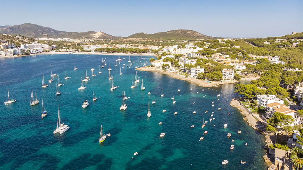 Aerial view, view of the bay of Santa Ponsa with sailing yachts, Santa Ponca, Mallorca, Balearic Islands, Spain