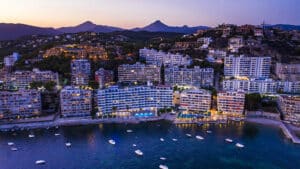 Aerial view over Costa de la Calma and Santa Ponca with hotels and beaches, Costa de la Calma, Caliva region, Mallorca, Balearic Islands, Spain