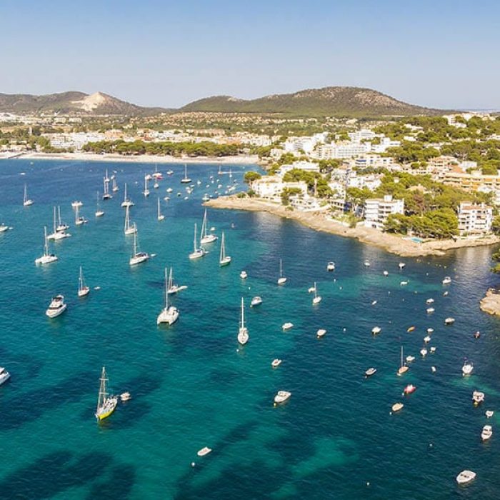 Aerial view, view of the bay of Santa Ponsa with sailing yachts, Santa Ponca, Mallorca, Balearic Islands, Spain